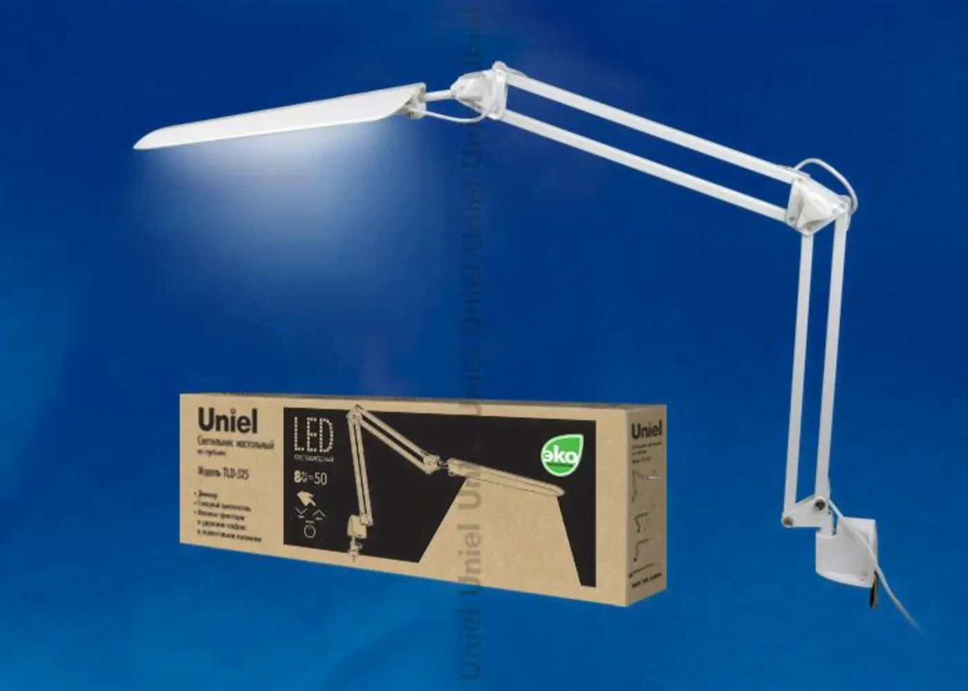 Светильник настольный на струбцине TLD-524 White/8W/LED/500Lm/4500K/Dimmer/Цвет-белый Uniel /10610/